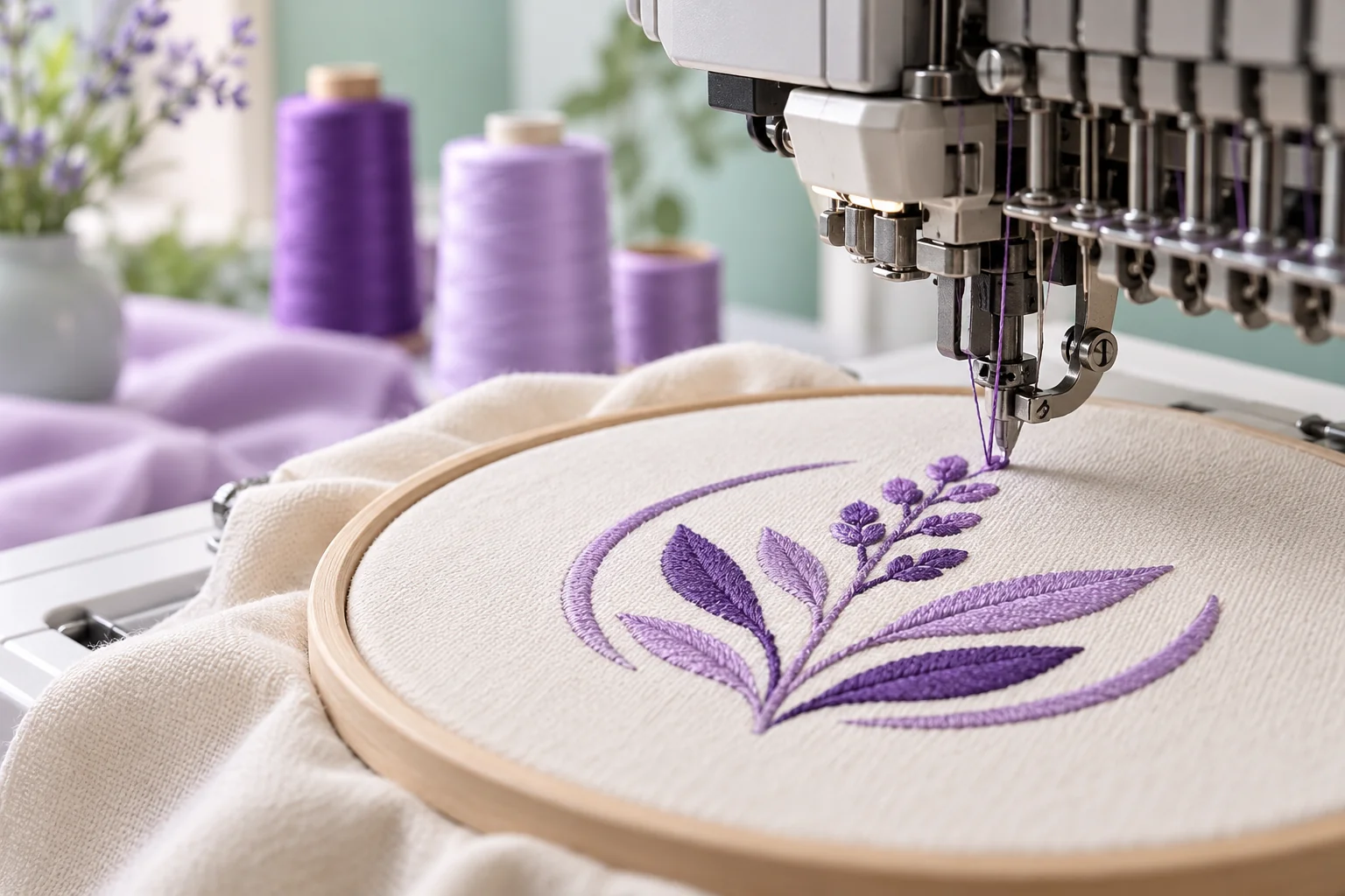 Embroidery machine stitching a purple botanical design onto cream cotton