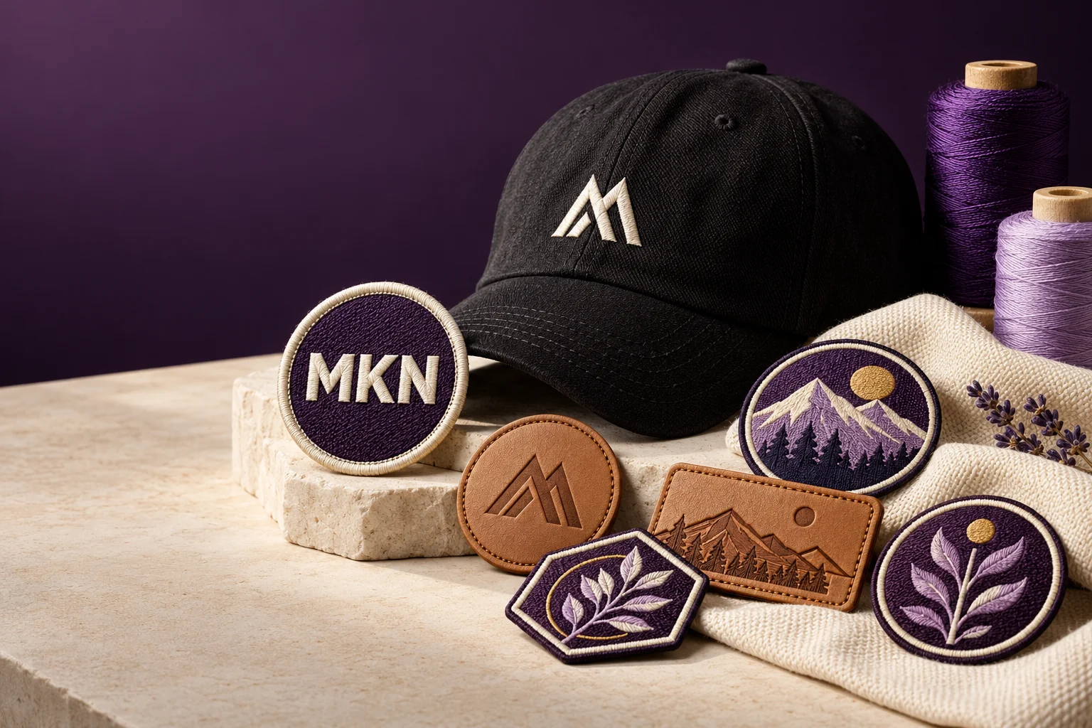 Cap, embroidered badges and leather patches with purple threads